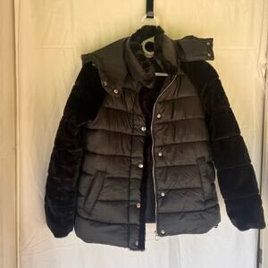 Molly Bracken Womens Black Faux Fur Sleeve Puffer Jacket Removable‎ Hood XS